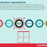 Diagram illustrating boundaryless organizations, showing interconnected circles for Cross-Functional Teams, Fluid Roles, Networks and Partnerships, Global Reach, Innovation Focus, and Information Sharing.