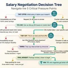 Decision tree on how to counter a job offer, guiding through pressure points like initial salary, "best and final" offers, and timing.