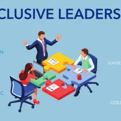 Illustration of "Inclusive Leadership" with people collaborating around puzzle pieces, emphasizing empathy, listening, and trust.