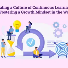 Illustration depicting a team fostering continuous learning in the workplace, with elements like an hourglass, lightbulb, gears, and a target.