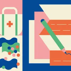 Abstract art with clock, first aid kit, hand holding cards, and a pencil writing. Perfect for online negotiation courses.