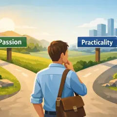 A man stands at a crossroads, contemplating which path to take: one leads to a sunny, green landscape marked "Passion," the other to a city skyline labeled "Practicality.