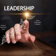 A hand guides a drawn team up a mountain, symbolizing leadership development. Key traits like vision, inspiration, integrity, support, teamwork, and trust are highlighted.