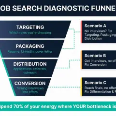 Job search diagnostic funnel helps answer "why can't I get a job?" by identifying bottlenecks in targeting, packaging, distribution, and conversion.