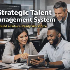 A diverse team collaborates on a tablet, showcasing strategic talent management to build a future-ready workforce.