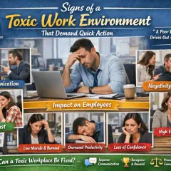 Infographic detailing signs of a toxic work environment, including poor communication, lack of trust, negativity spreading, low morale, decreased productivity, loss of confidence, and high employee turnover.