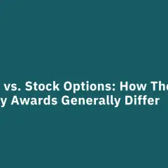 RSUs vs. Stock Options: How These Equity Awards Differ. A teal background with white text and a teal pencil icon.