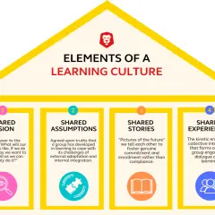 Infographic detailing the four elements of a learning organization: Shared Vision, Shared Assumptions, Shared Stories, and Shared Experiences.