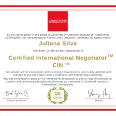 Juliana Silva's negotiation certificate from the Chartered Institute of Professional Certifications, designating her as a Certified International Negotiator.