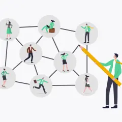 A man with a giant pencil draws connections between people in circles, symbolizing shaping culture and team dynamics.