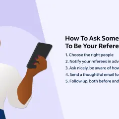 Illustration showing steps on how to ask for reference, with a woman holding a phone.