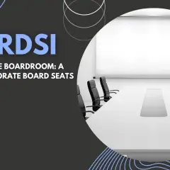 A boardroom with chairs around a table, featuring the text "BOARDSI: Navigating the Boardroom: A Guide to Corporate Board Seats." Learn how to get on a board of directors.