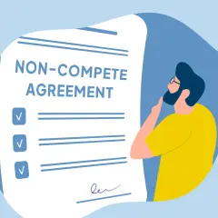 A person ponders a noncompete agreement, with checkboxes and lines for terms.
