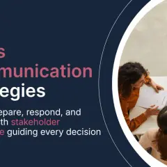 Three women strategize around a table, discussing documents. The image highlights "Crisis Communication Strategies," emphasizing stakeholder intelligence for effective decision-making.