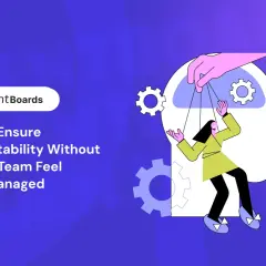 Illustration of a puppet controlled by strings, symbolizing the cadence of accountability. Gears suggest a well-oiled system for team success.