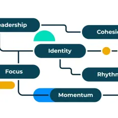 Diagram showing key elements for how to improve an organization's performance: Leadership, Focus, Identity, Cohesion, Rhythm, and Momentum.