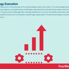 Red gears and a rising bar graph with an arrow symbolize successful strategy execution, turning plans into action and driving growth.