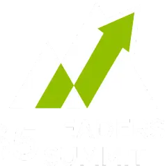 Logo for 365 Leadership Summit, featuring white mountain peaks with a green upward arrow, symbolizing growth and progress.