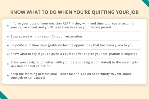 Tips on how to tell your boss you're quitting: inform them ASAP, be prepared with a reason, and stay professional.