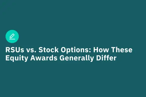 RSUs vs. Stock Options: How These Equity Awards Differ. A teal background with white text and a teal pencil icon.