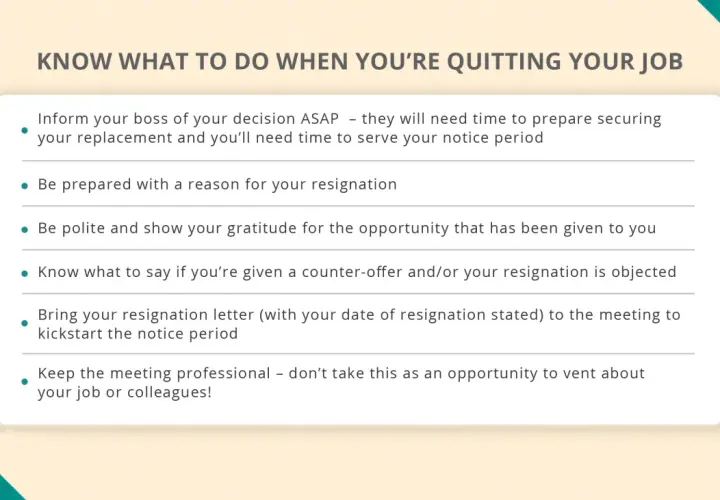 Tips on how to tell your boss you're quitting: inform them ASAP, be prepared with a reason, and stay professional.
