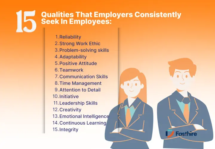 15 qualities employers seek: reliability, work ethic, problem-solving, adaptability, positive attitude, teamwork, communication, time management, attention to detail, initiative, leadership, creativity, emotional intelligence, continuous learning, and ...