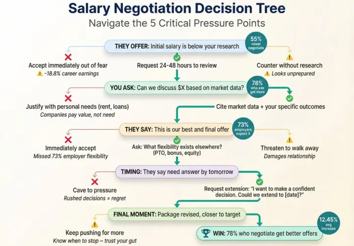 Decision tree on how to counter a job offer, guiding through pressure points like initial salary, "best and final" offers, and timing.