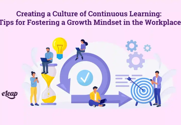 Illustration depicting a team fostering continuous learning in the workplace, with elements like an hourglass, lightbulb, gears, and a target.