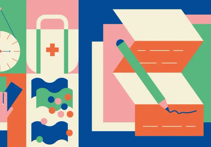 Abstract art with clock, first aid kit, hand holding cards, and a pencil writing. Perfect for online negotiation courses.