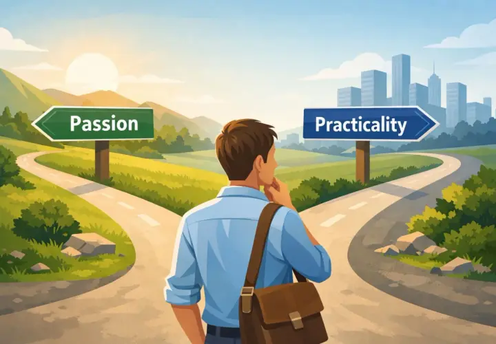 A man stands at a crossroads, contemplating which path to take: one leads to a sunny, green landscape marked "Passion," the other to a city skyline labeled "Practicality.