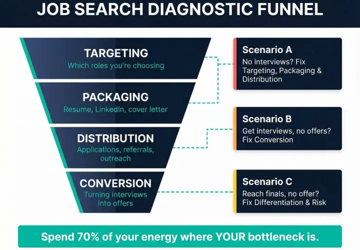 Job search diagnostic funnel helps answer "why can't I get a job?" by identifying bottlenecks in targeting, packaging, distribution, and conversion.