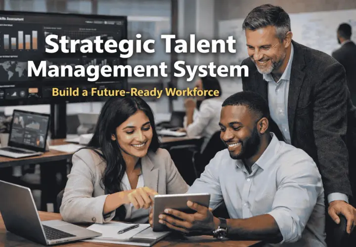 A diverse team collaborates on a tablet, showcasing strategic talent management to build a future-ready workforce.