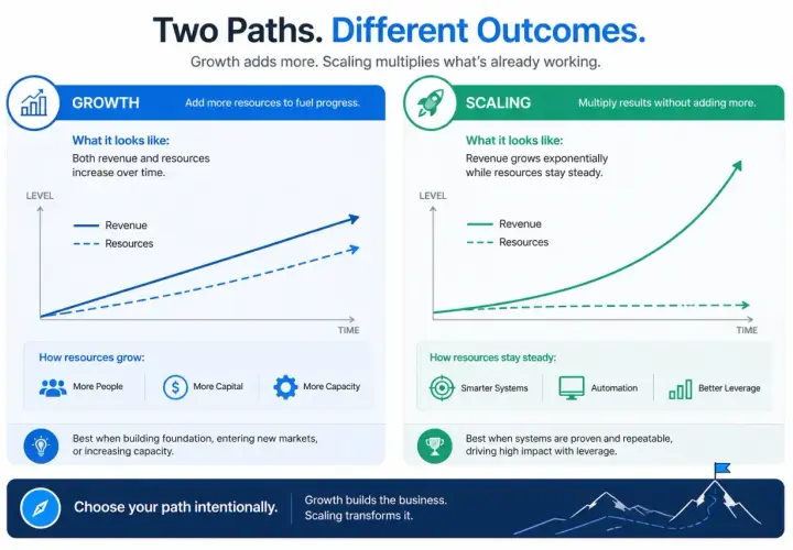 A business growth framework comparing "Growth" (adding resources) and "Scaling" (multiplying results).