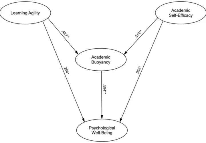 Diagram showing how learning agility, academic self-efficacy, and academic buoyancy influence psychological well-being.