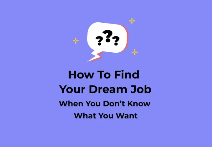 A speech bubble with question marks above text that reads "How To Find Your Dream Job When You Don't Know What You Want.