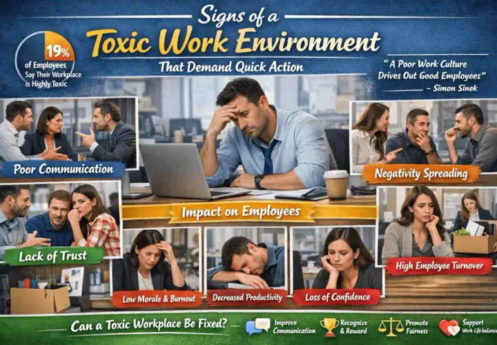 Infographic detailing signs of a toxic work environment, including poor communication, lack of trust, negativity spreading, low morale, decreased productivity, loss of confidence, and high employee turnover.