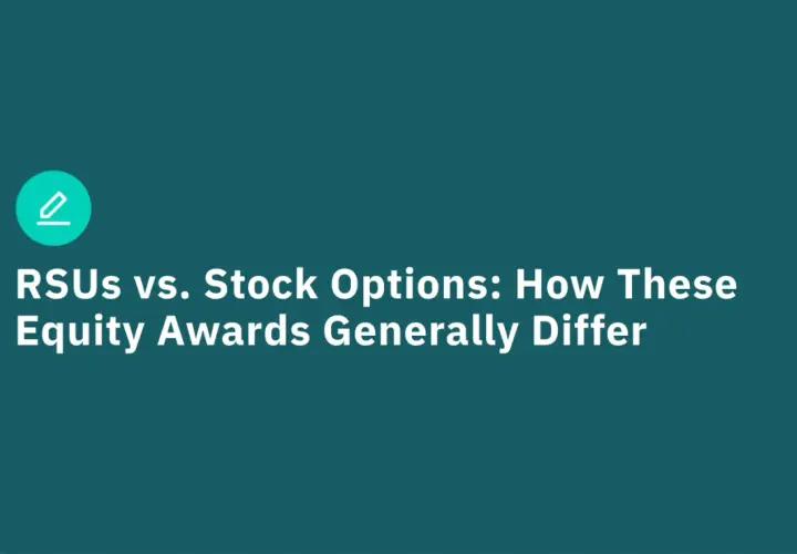 RSUs vs. Stock Options: How These Equity Awards Differ. A teal background with white text and a teal pencil icon.
