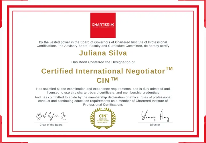 Juliana Silva's negotiation certificate from the Chartered Institute of Professional Certifications, designating her as a Certified International Negotiator.