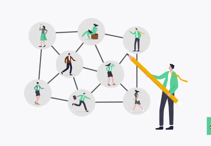 A man with a giant pencil draws connections between people in circles, symbolizing shaping culture and team dynamics.