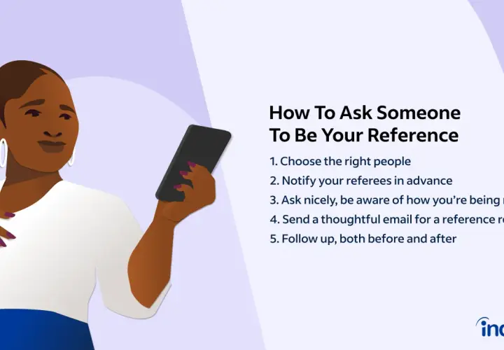 Illustration showing steps on how to ask for reference, with a woman holding a phone.