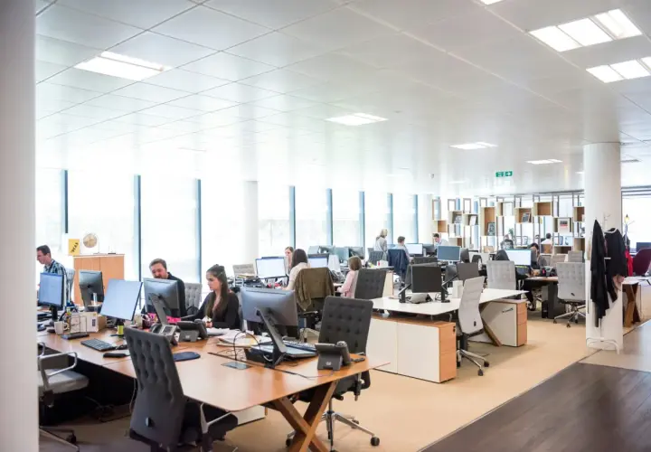 A busy open office space with employees working at desks. Natural light streams in from large windows, illuminating the modern workstations.