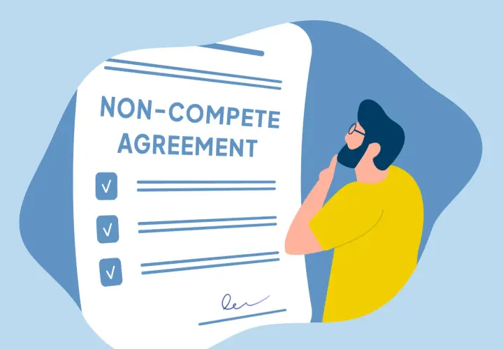 A person ponders a noncompete agreement, with checkboxes and lines for terms.
