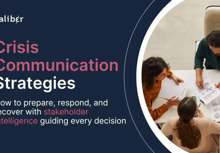 Three women strategize around a table, discussing documents. The image highlights "Crisis Communication Strategies," emphasizing stakeholder intelligence for effective decision-making.