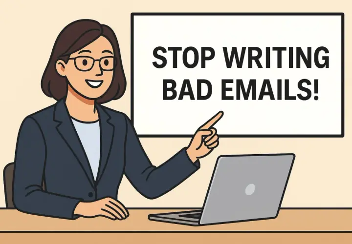 Learn how to write an email professionally. A woman points to a screen saying "STOP WRITING BAD EMAILS!