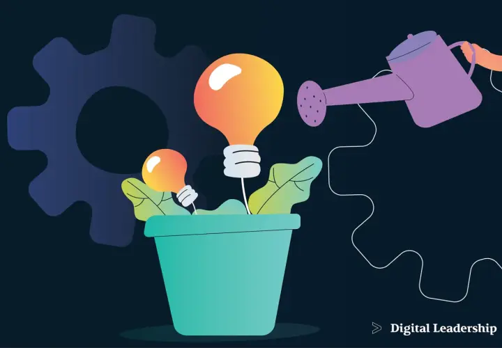 A watering can nourishes lightbulbs growing in a pot, symbolizing innovative thinking and growth.