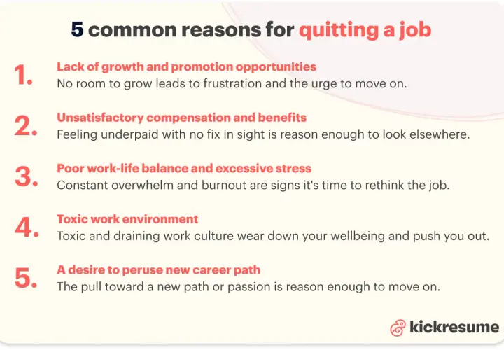 5 common reasons for quitting a job: lack of growth, poor pay, bad balance, toxic environment, or a desire to pursue a new career path. Should I change jobs?