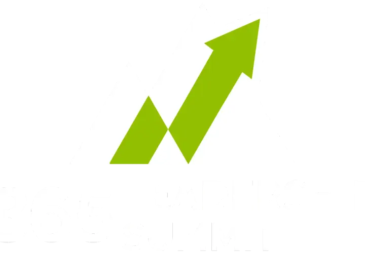 Logo for 365 Leadership Summit, featuring white mountain peaks with a green upward arrow, symbolizing growth and progress.