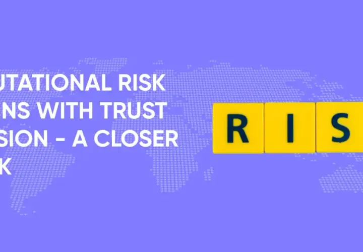 Reputational risk management: "Reputational risk begins with trust erosion - a closer look." The word RISK is spelled out in yellow tiles.