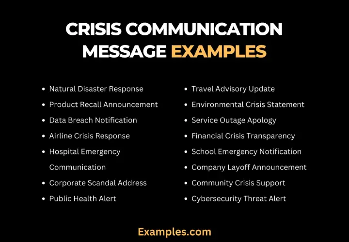 Examples of crisis communication, including natural disaster response, product recalls, data breaches, and public health alerts.