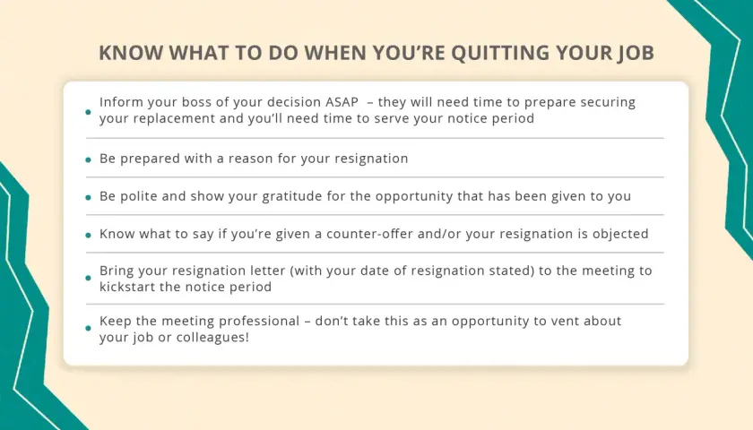 Tips on how to tell your boss you're quitting: inform them ASAP, be prepared with a reason, and stay professional.